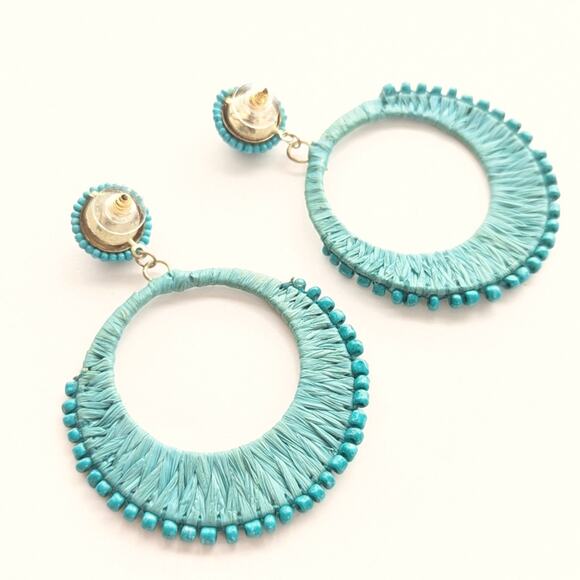 Bohemian Style Vacation Seed Bead Rattan Woven Beaded Dangle Post Stud Earrings - Picture 3 of 4